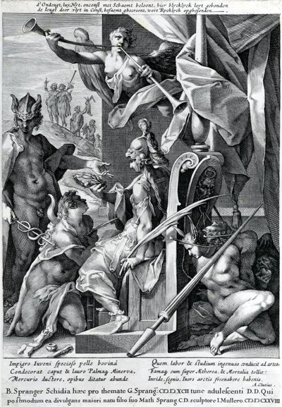 Mercurio y Minerva arman a un héroe con una piel de toro y una corona de laurel de Jan Harmensz Muller