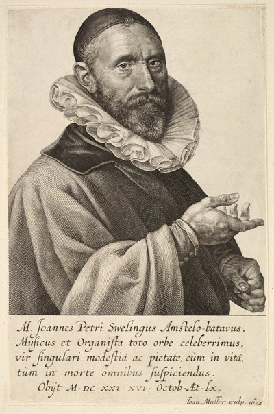 Retrato de Jans Pietersz Sweelinck, pub. 1624 (grabado) de Jan Harmensz Muller