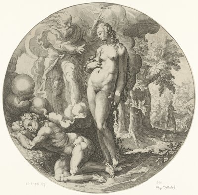 Sexto Día de la Creación: Creación del Hombre Dies VI (título sobre objeto) Creación del mundo (título de la serie) de Jan Harmensz. Muller