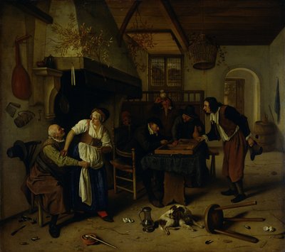 Interior de una posada con un anciano divirtiéndose con la casera y dos hombres jugando al backgammon, conocido como 