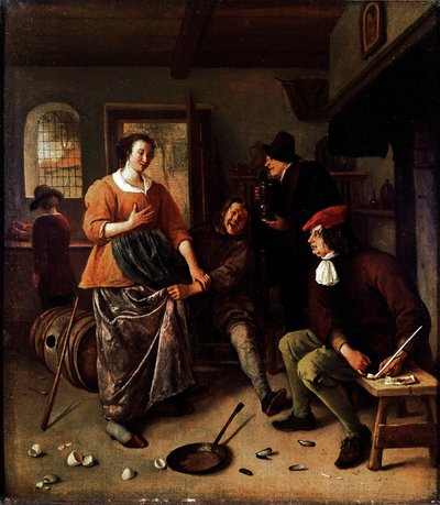 Los huevos rotos (dentro de una posada). Grupo de personajes alegres en una cocina holandesa. El hombre levantando la falda de la mujer es un autorretrato del pintor. Pintura de Jan Havickszoon Steen (1625-1679) 1665-1670. Londres, National Gallery de Jan Havicksz. Steen