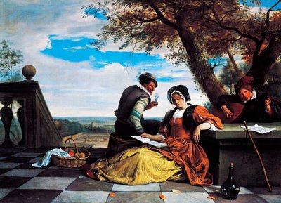Dos hombres y una joven haciendo música en la terraza de Jan Havicksz. Steen