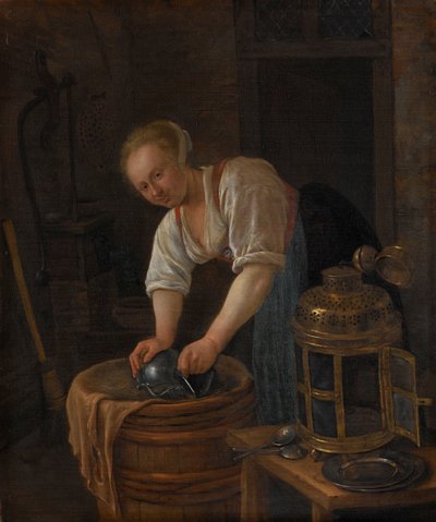 Mujer limpiando la vajilla de metal de Jan Havicksz. Steen