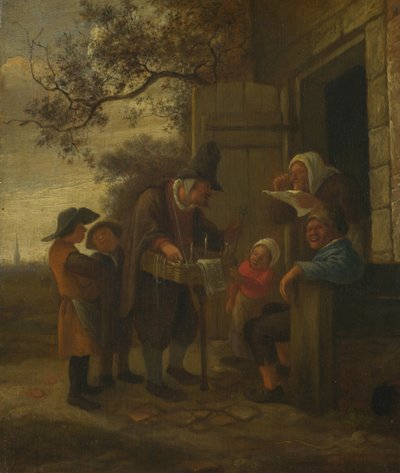Un vendedor ambulante vendiendo gafas fuera de una cabaña de Jan Havickszoon Steen