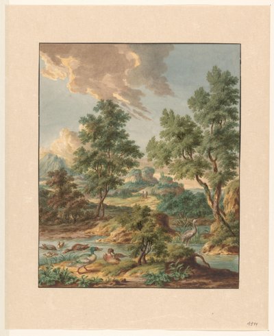 Paisaje con aves acuáticas en un estanque de Jan Hendrik Troost van Groenendoelen