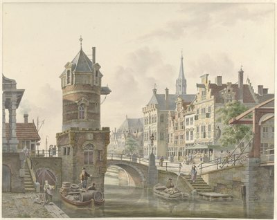 Foso en una ciudad con una torreta cerca de un puente de piedra de Jan Hendrik Verheijen