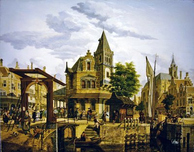 Escena de una calle holandesa junto a un canal de Jan Hendrik Verheyen