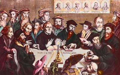 La luz se coloca en el candelabro - Grabado de Jan HOUWENS que muestra Los reformadores - Juan Calvino y Martín Lutero Reunión imaginaria de líderes reformistas: John Wyclif (o Wycliff o Wycliffe de Jan Houwens