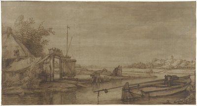 Vista del canal con la granja y la barcaza amarrada de Jan Hulswit (possibly)