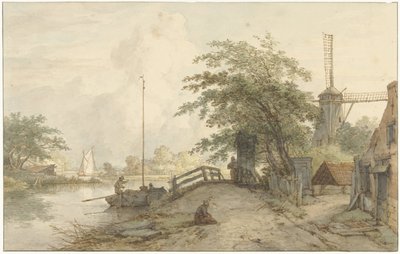 Paisaje con puente y casa en la carretera a lo largo de un paseo marítimo de Jan Hulswit