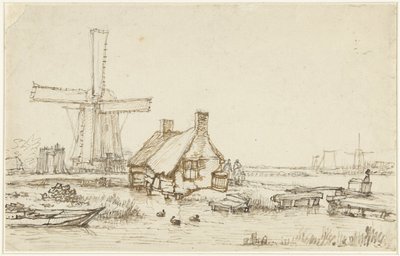 Paisaje con casas de campo y molino de viento de Jan Hulswit