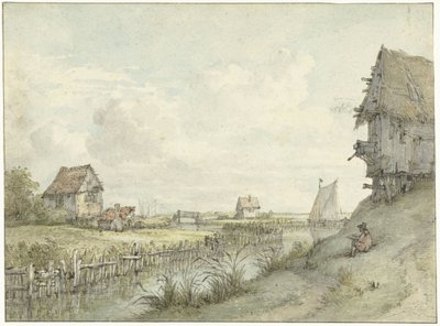 Paisaje fluvial con dibujante entre cabañas de Jan Hulswit