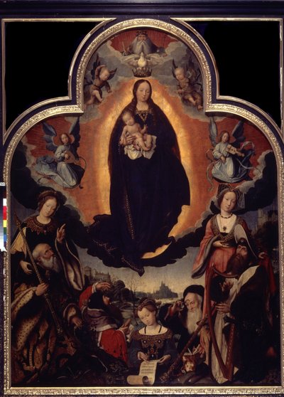 ""La Vierge en Gloire"" (La glorificación de la Virgen) Entre los personajes que rodean a la Virgen y Jesucristo: el rey David tocando el arpa, el emperador romano Augusto (Caius Julius Caesar Octavianus Augustus) (63 aC- 14 dC), profetas de Jan II Provost