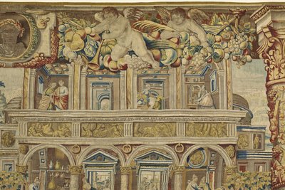 (detalle) del palacio y ángel músico de Vertumnus y Pomona, c.1630 de Jan II Raes