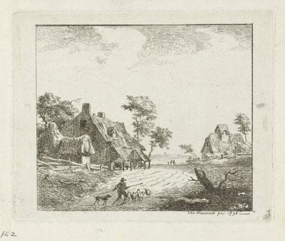 paisaje con pastor y ovejas en dos granjas de Jan Izaak van Mansvelt
