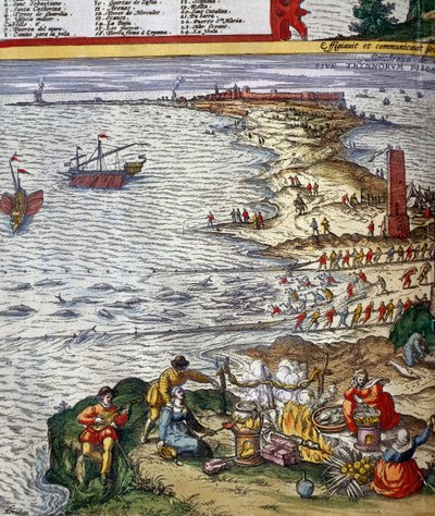 Escena de pesca y preparación de pescado en la ciudad portuaria de Cádiz de Jan Janssonius