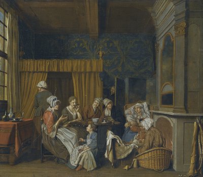 Una familia tomando té mientras celebra el nacimiento de gemelos de Jan Josef Horemans the Younger