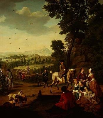 Una elegante fiesta de cetrería descansando en un parque de Jan Josef the Younger Horemans