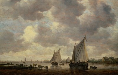 Un Canal en Holanda, o Dos Grandes Barcos de Vela y Ganado Cerca de un Río de Jan Josephsz van Goyen