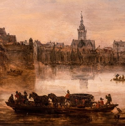 Un gran transbordador con un coche de cuatro caballos (Nimega), detalle de Jan Josephsz van Goyen