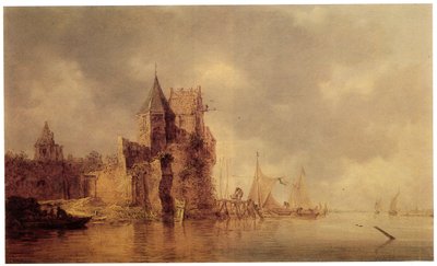 Una torre medieval en una muralla del castillo con barcos de vela en un embarcadero y un bote de remos en primer plano, c.1642 de Jan Josephsz van Goyen