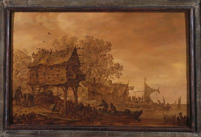 Un pueblo en la ribera con campesinos en un bote junto a un palomar, 1651 de Jan Josephsz van Goyen