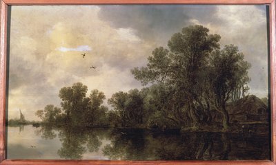 Un paisaje fluvial boscoso, con campesinos en un bote de remos junto a una cabaña y un ferry, un velero en la distancia, 1633 de Jan Josephsz van Goyen