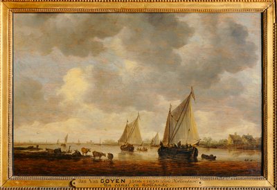 Deux grandes barques à voiles sur un fleuve et bestiaux près de la rive - Dos grandes veleros en un río y animales en las orillas ... de Jan Josephsz van Goyen