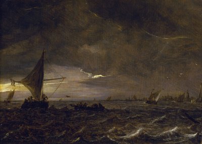 Barcas de pesca en un estuario al atardecer, con la vista de una ciudad y su campanario en el horizonte. Óleo sobre madera de Jan van Goyen (1596-1656). de Jan Josephsz van Goyen