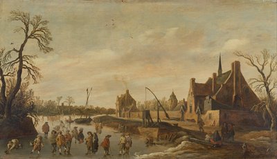 Paisaje de río congelado con patinadores de Jan Josephsz van Goyen