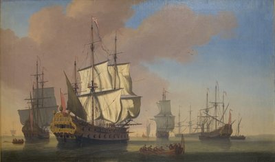 Buques de guerra ingleses en una rada en clima tranquilo de Jan Karel Donatus van Beecq