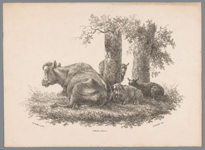 Una vaca y tres ovejas Beesten Studien por J. Kobell después de Paul Potter Nr. 1 (título de la serie) de Jan Kobell (III)