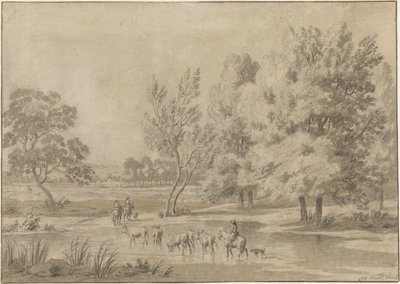 Paisaje con árboles, jinetes y algunas vacas en un abrevadero de Jan Laurensz. van der Vinne