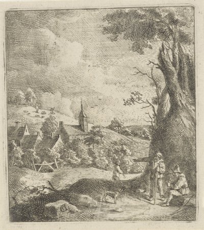 Paisaje con un pueblo y dos hombres junto a un árbol. de Jan Lauwryn Krafft (I) (attributed to)