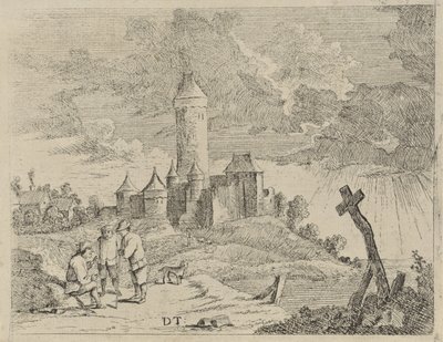 paisaje con castillo y tres hombres de Jan Lauwryn Krafft (I) (possibly)