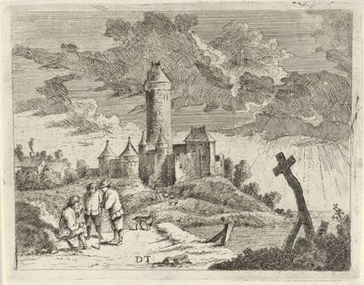 paisaje con castillo y tres hombres de Jan Lauwryn Krafft (I) (possibly)