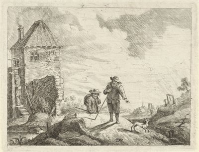 Dos granjeros con un perro en un camino rural de Jan Lauwryn Krafft (I) (possibly)
