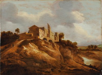 Un paisaje rocoso con un castillo fortificado que domina un río de Jan Lievens
