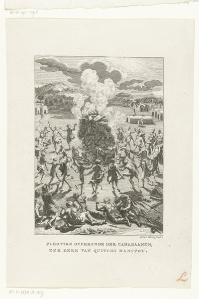 Los nativos americanos de Canadá se sacrifican por Gitche Manitou Ofrenda solemne de los canadienses, en honor de Quitchi Manitou (título sobre el objeto) Religiones (título de la serie) de Jan Lucas van der Beek