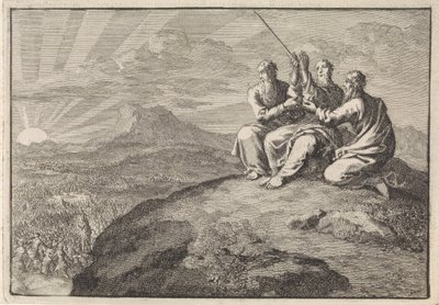 Aarón y Hur sostuvieron las manos de Moisés durante la batalla del pueblo de Israel contra los amalecitas de Jan Luyken