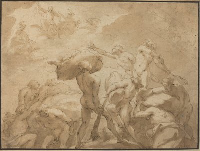 Batalla de los dioses y gigantes desde el Monte Olimpo y el Monte Otris de Jan Luyken