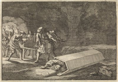 Los sirvientes de una funeraria en Roma ven que Antonio Marlini, a quien habían enterrado en una bóveda unos días antes, debía estar aparentemente muerto, 1696 de Jan Luyken