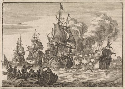 En Valencia, el almirante español Papachino es atacado por tres barcos franceses al mando del almirante Tourville por no saludar lo suficientemente rápido, 1688 de Jan Luyken