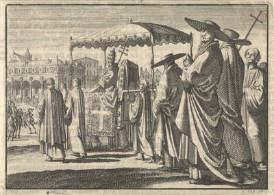 Christian IV, Rey de Dinamarca, vestido como Papa, imita una procesión con sus cortesanos, 1596 de Jan Luyken