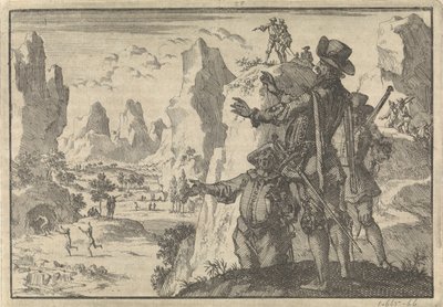 Españoles armados miran desde las rocas a gente completamente salvaje, hacia 1600 de Jan Luyken