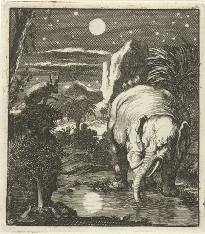 Liebre y elefante con luna llena en una fuente de agua de Jan Luyken