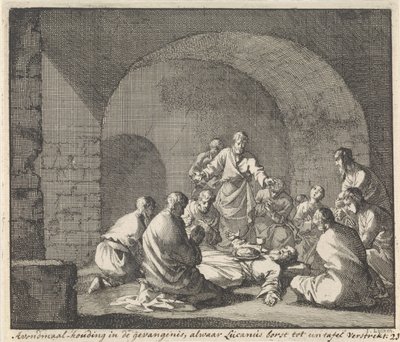 Santa Lucía celebra la Cena del Señor en prisión Posición de cena en una prisión donde Lucian proporciona pecho a una mesa (título en el objeto) de Jan Luyken