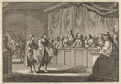 Los pastores reformados Gilly y Courdil leyeron una declaración en el sínodo de Sorges de que se convertirían a la Iglesia Católica, el 3 de junio de 1683. de Jan Luyken