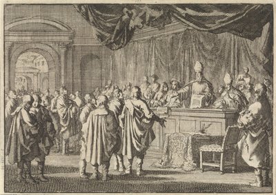 Reformado en Hungría ante un tribunal de obispos y otros romanistas, 1670 de Jan Luyken