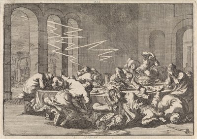 En el pueblo polaco de Perzyn, 23 personas mueren a causa de un rayo durante una comida bautismal, 1676 de Jan Luyken
